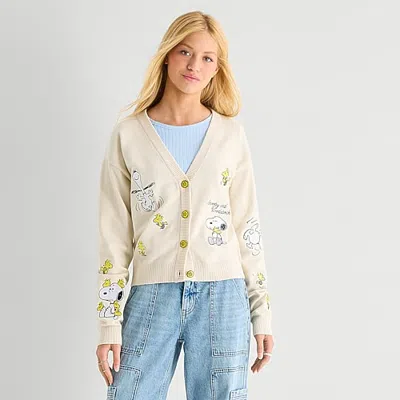 Mad Engine Snoopy Cardigan Womens Plunging Neck Long Sleeve Button Snoopy Juniors Cardigan In White