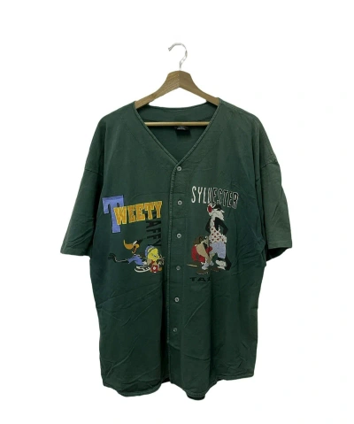 Pre-owned Made In Usa X Vintage Vtg Slyvester & Tweety Vneck Big Logo Button Up Shortsleeve In Green