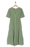 Madewell Lightspun Tiered Button Front Midi Dress In Dried Aloe