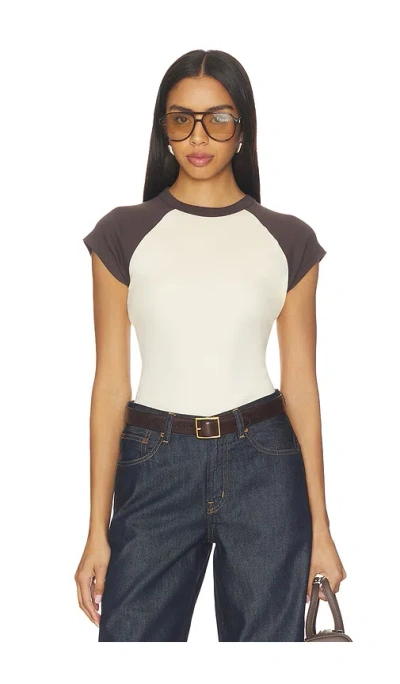 Madewell Raglan Compact Crewneck Tee Shirt In Vanilla & Brown Baseball