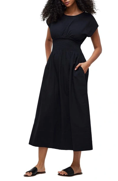 Madewell Stripe Smocked Waist Seersucker Midi Dress In True Black