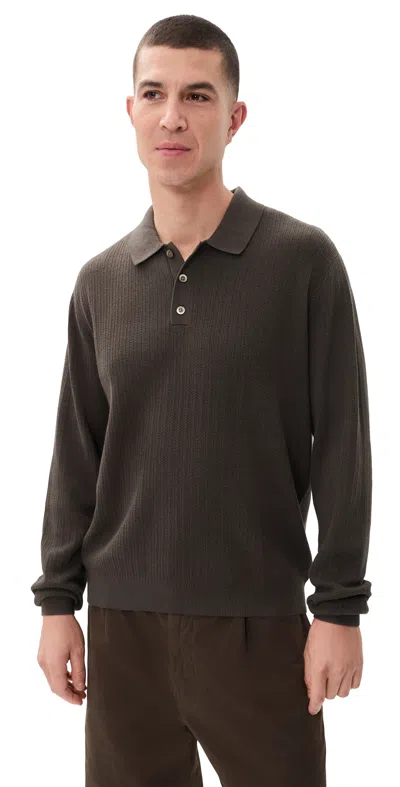 Madewell Textured Stitch Long Sleeve Polo Dark Cocoa In Brown