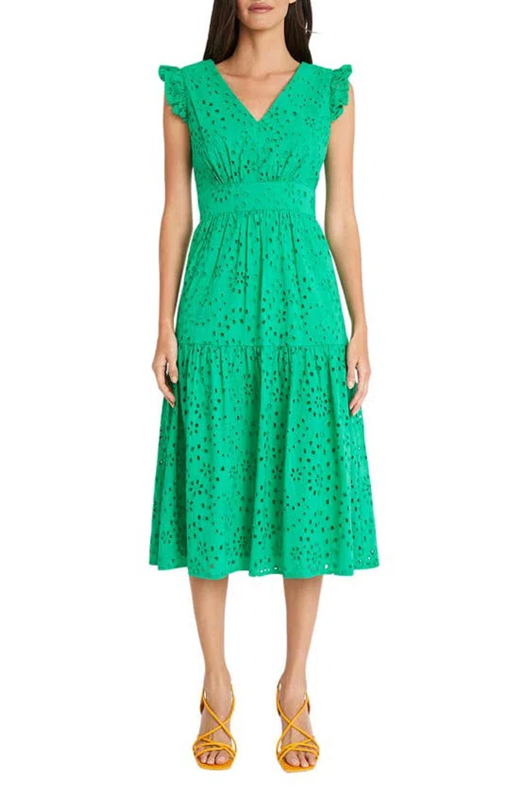 green emerald velvet dress Rivia Eyelet Ruffled Flare Dress In Mint Green main image 1