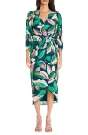 Maggy London Faux Wrap Dress In Navy/ Pink/ Emerald