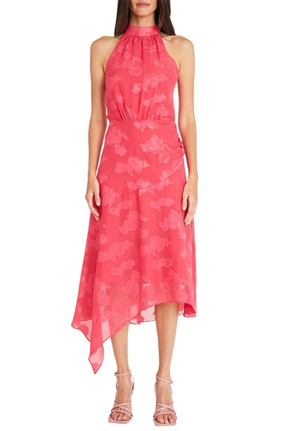 Maggy London Floral Burnout Asymmetric Hem Midi Dress In Raspberry