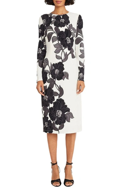 Maggy London Floral Long Sleeve Knit Midi Dress In Black Multi