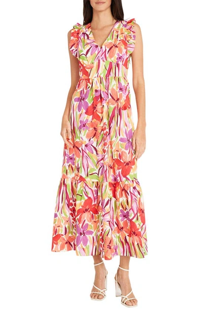 Maggy London Floral Ruffle Tiered Maxi Dress In Soft White/ Coral