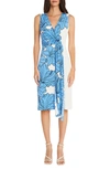 Maggy London Floral Surplice Neck Faux Wrap Dress In Ivory/ French Blue