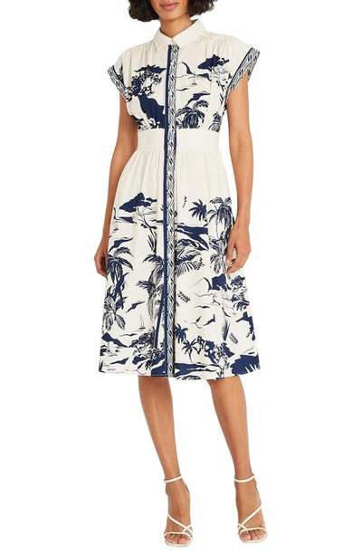 Maggy London Placed Print Stretch Cotton Midi Shirtdress In Cream/ Navy