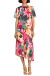 Maggy London Print Flutter Sleeve Asymmetric Midi Dress In Beetroot/ Yellow Jacket