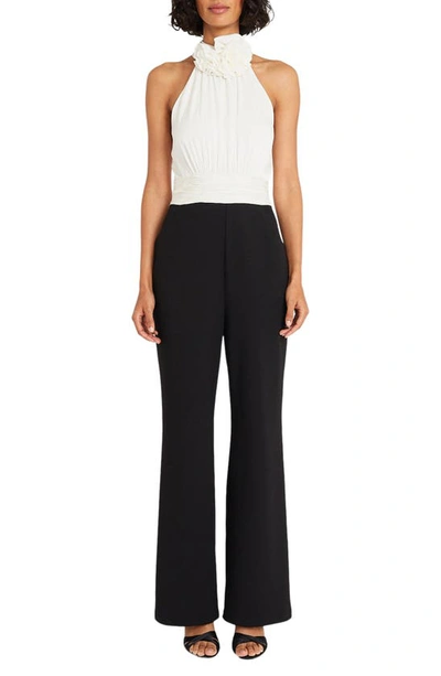 Maggy London Rosette Cutaway Wide Leg Jumpsuit In Ivory/ Black