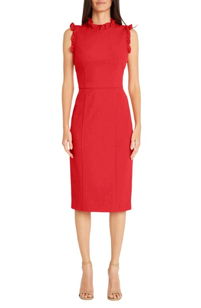 Maggy London Ruffle Mock Neck Sheath Dress In Fiery Red