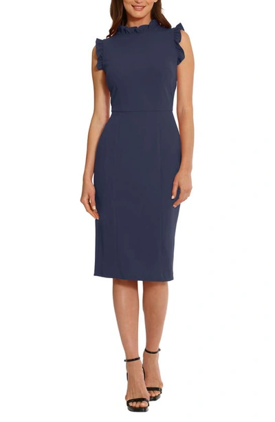 Maggy London Ruffle Mock Neck Sheath Dress In Navy Blazer