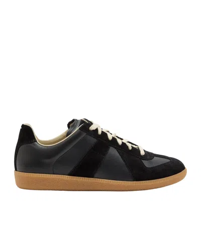 Maison Margiela Fur And Suede Patchwork German Training Shoes In Black