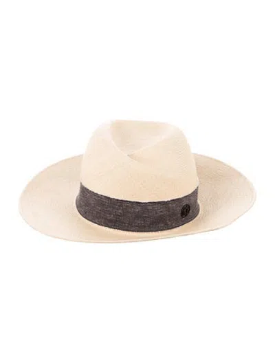 Pre-owned Maison Michel Straw Denim Trim Hat In Black/neutrals