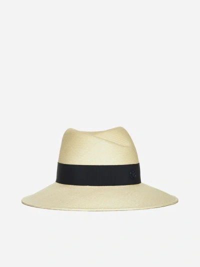 Maison Michel Virginie Straw Fedora Hat In Natural,navy