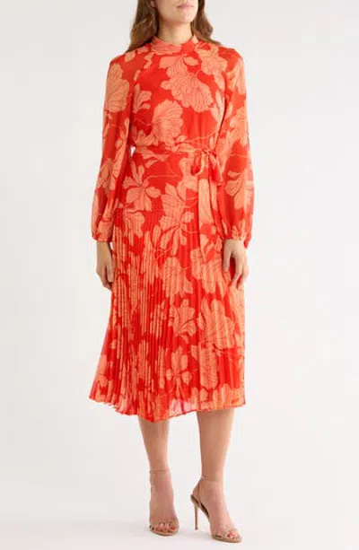 Maison Tara Floral Chiffon Midi Dress In Red