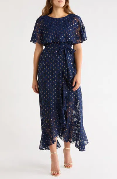 Maison Tara Metallic Dot Capelet Maxi Dress In Blue