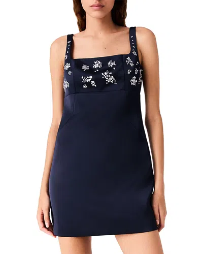 Maje Rhinestone Embroidered Square Neck Mini Dress In Blue