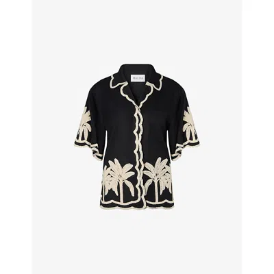 Malina Womens Armida Palm-embroidered Linen-blend Shirt Black