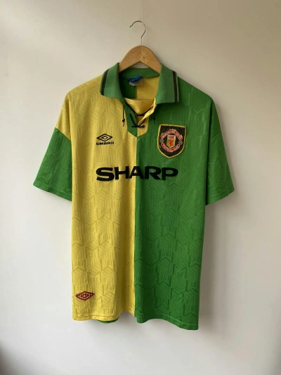 Pre-owned Manchester United X Soccer Jersey Vintage 1992-94 Manchester United Umbro Football Jersey In Yellow/green
