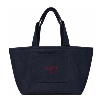 Mandragora Women's Blue Cotton Tote Bag With Monogram Arney Dark Navy