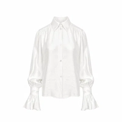 Mandragora Women's White Crinkled Shirt With Decorative Cuffs Carmen Ecru