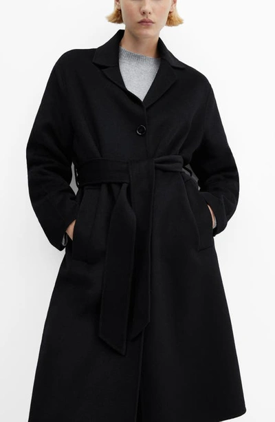 Mango Belted Wool Blend Coat In Black