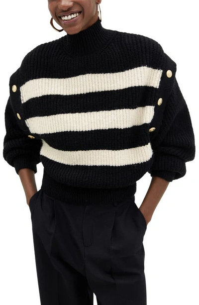 Mango Button & Stripe Sweater In Black