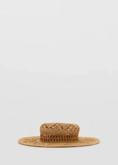 Mango Chapeau En Fibre Naturelle Avec Détails Ajourés Écru - Femme - Taille Unique -