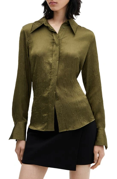 Mango Crinkle Satin Button-up Shirt In Green