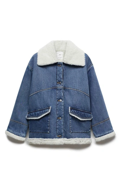 Mango Faux Shearling Lined Denim Jacket In Dark Blue