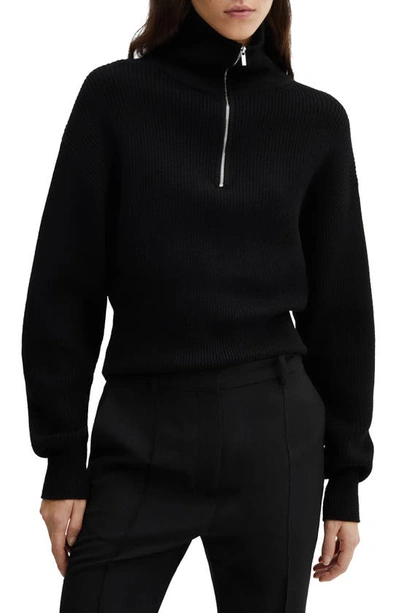 Mango Half Zip Rib Sweater In Black