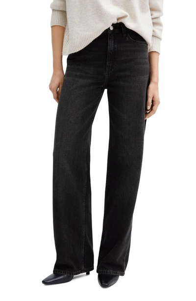 Mango Mid Rise Wide Leg Jeans In Black Denim