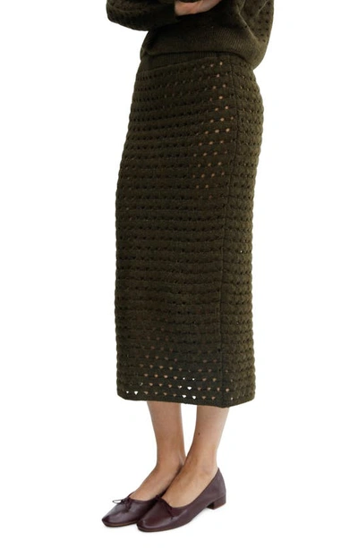 Mango Open Stitch Knit Midi Skirt In Khaki