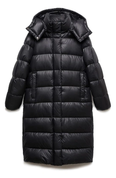 Mango Quilted Hooded Longline Down Puffer Jacket In Black