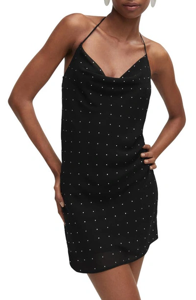 Mango Rhinestone Halter Dress In Black