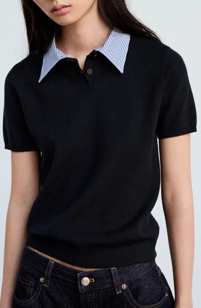 Mango Stripe Collar Polo Sweater In Black