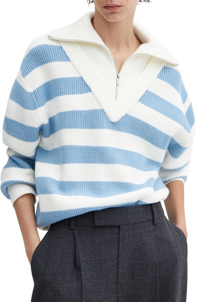 Mango Stripe Rib Half Zip Sweater In Sky Blue