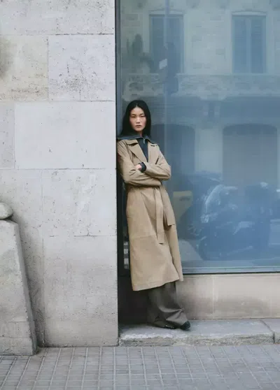 Mango Suede Trench 100% Leather With Belt Medium Brown In Gray
