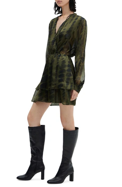 Mango Tie Dye Long Sleeve Satin Dress In Khaki Green