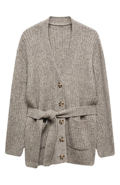 Mango Tie Waist Button Front Cardigan In Grey