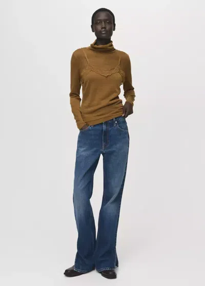 Mango Wool-blend Lace Top Ochre In Brown