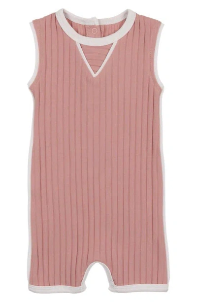 Maniere Babies' Contrast Piping Stretch Cotton Ribbed Romper In Pink