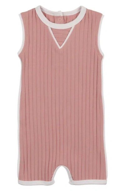 Maniere Contrast Piping Stretch Cotton Ribbed Romper In Pink