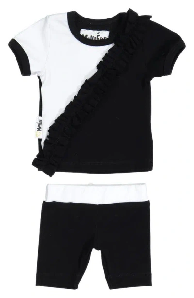 Maniere Babies' Diagonal Ruffle Stretch Cotton Top & Shorts Set In Black