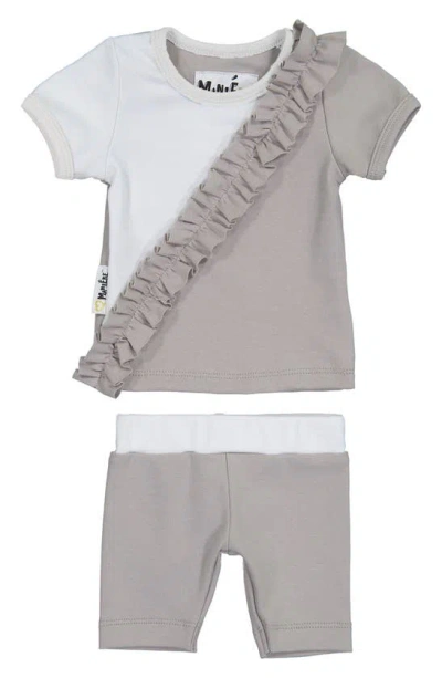 Maniere Babies' Manière Diagonal Ruffle Stretch Cotton Top & Shorts Set In Grey
