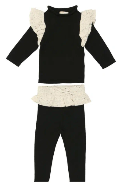 Maniere Babies' Flecked Ruffle Long Sleeve Cotton Blend Top & Leggings Set In Black/ White