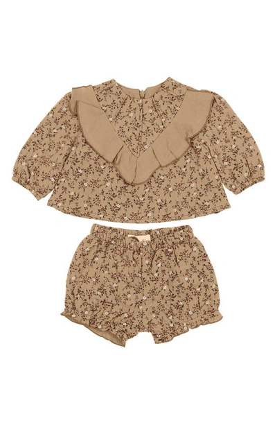 Maniere Babies' Floral Ruffle Short Sleeve Top & Bloomers Set In Cream