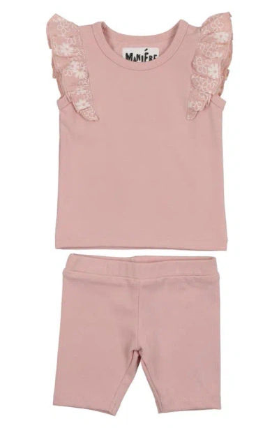 Maniere Babies' Flutter Sleeve Top & Shorts Set In Mauve